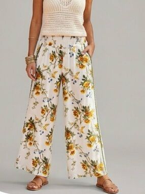 RAGA Floral Smocked Wide-Leg Boho Pants - Size Small